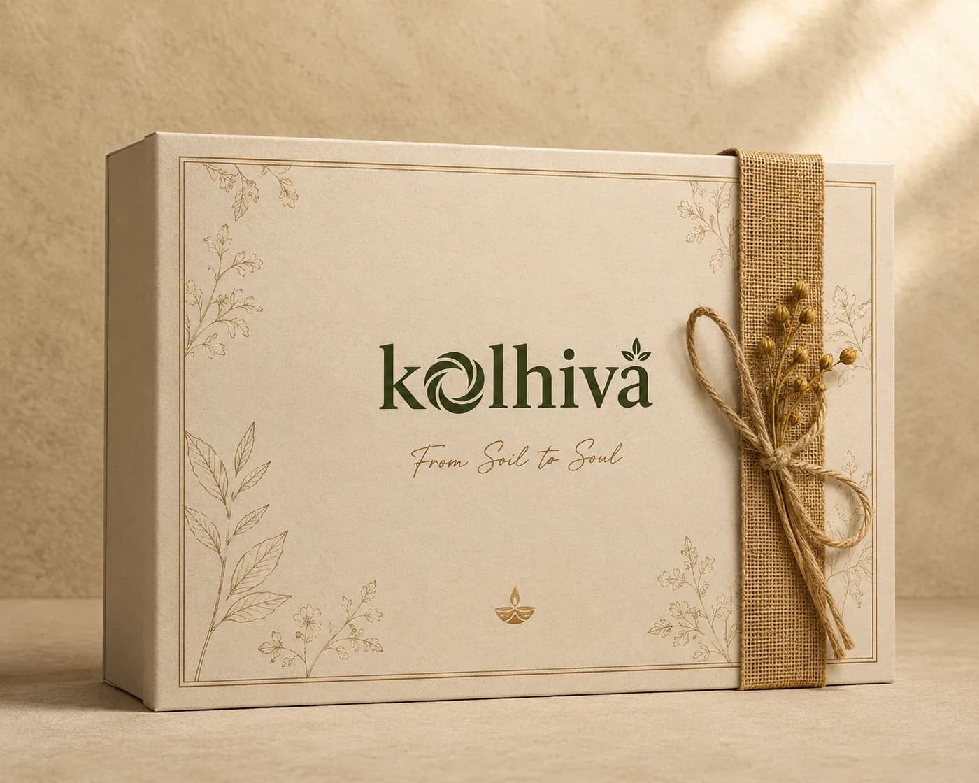 The Kolhiva Diwali box, closed and tied with a jute ribbon