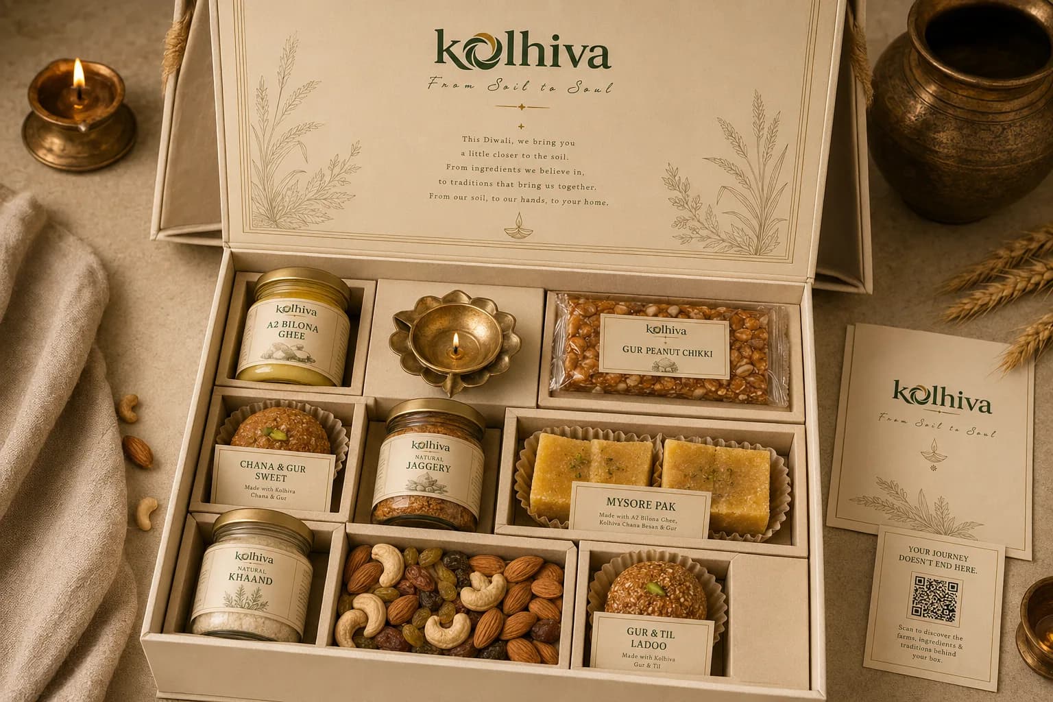 The box open: the brass diya, the ghee, jaggery and khaand jars, the chikki, mysore pak and ladoos, and the dry fruits, each in its own compartment