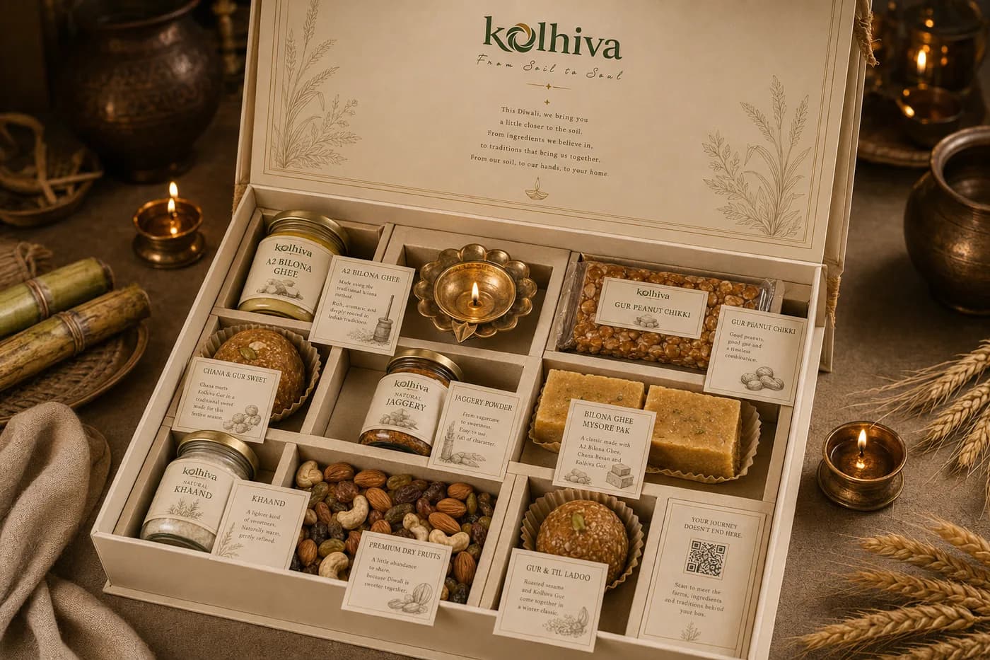 The box beside a lit diya and cut sugarcane